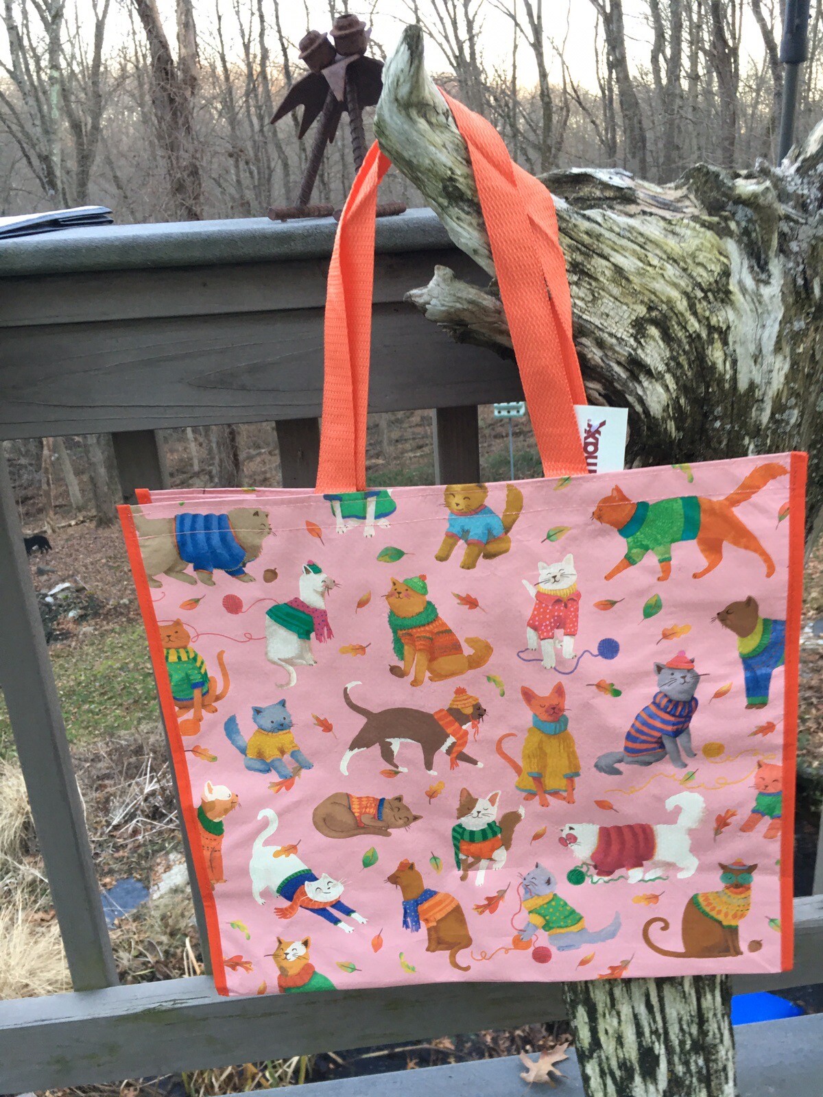 TJ MAXX~Cats w/Scarf Hat~Winter Kitty Holiday Reusable Pink Shopping Bag~EcoTote