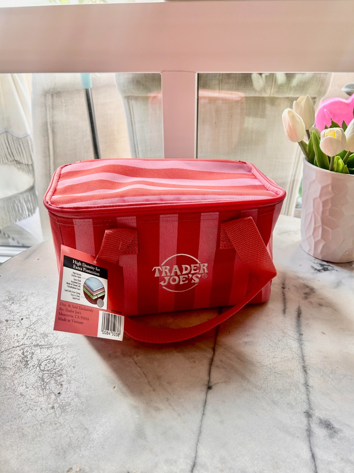 NEW Pink Trader Joe’s striped mini insulated bag 1.5gal