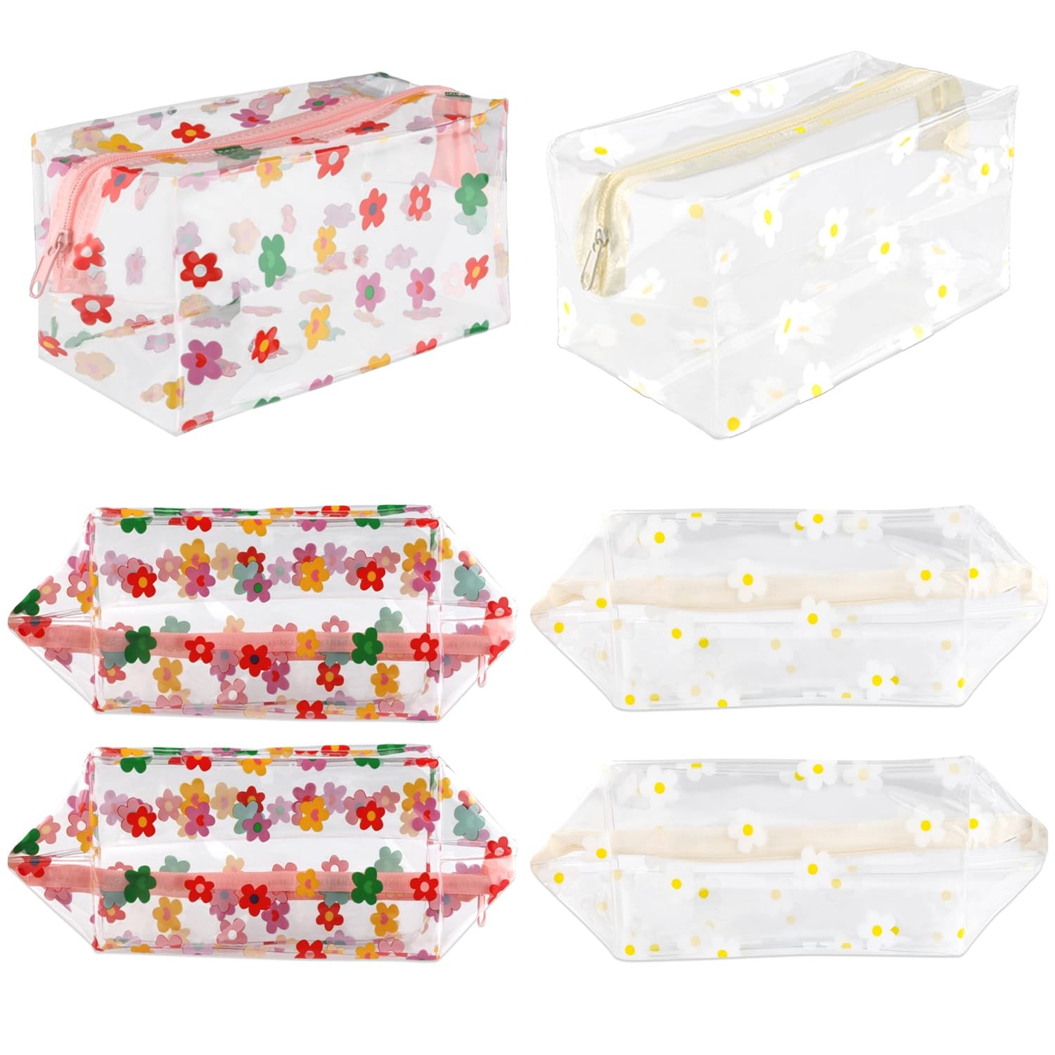 DynnnDy 6 Pcs PVC Flower Toiletries Bags with Zipper 18*9*9cm, white+colorful