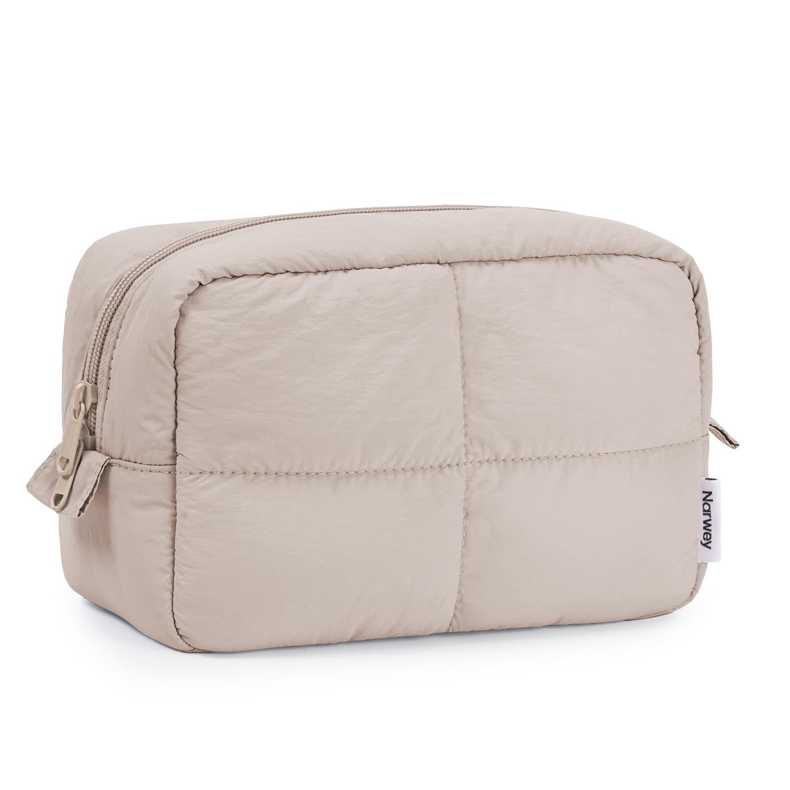 Narwey Puffy Makeup Bag for Travel Women Girl, Quilted Khaki