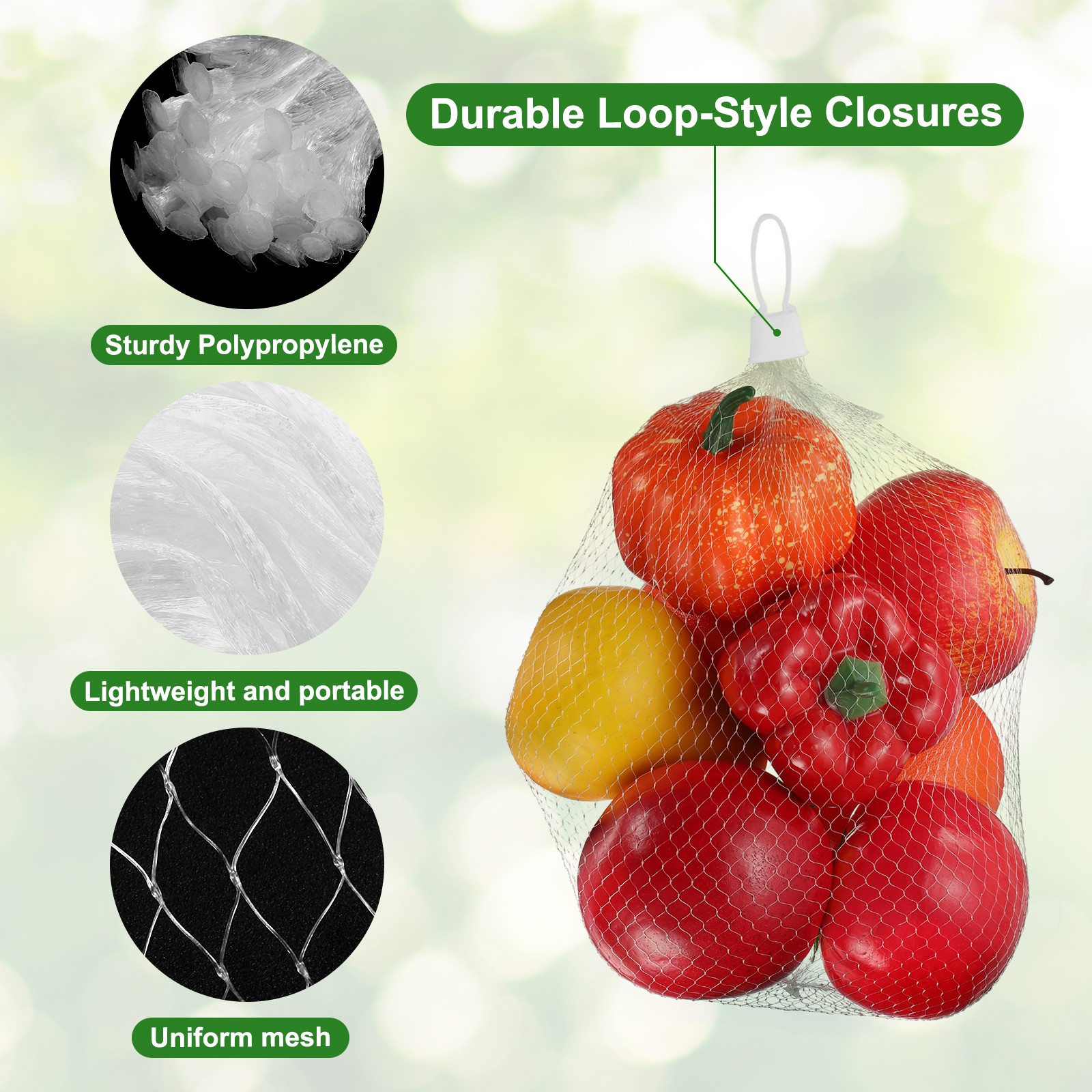 50pcs Mesh Reusable Produce Mesh Bags with Loop-Style Closures, 24 Inch White
