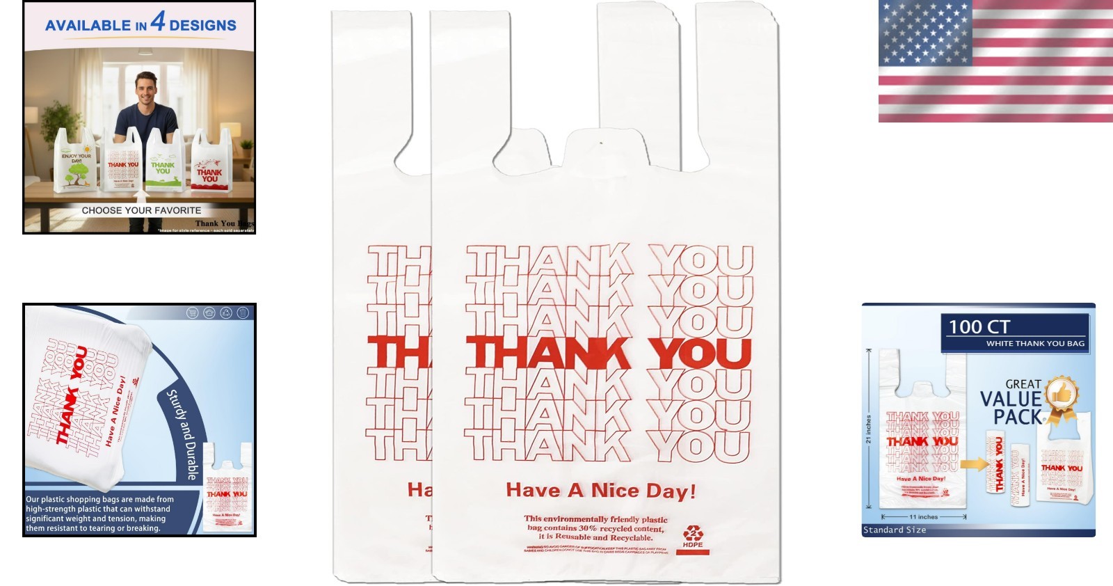 Durable 100 Count Thank You Plastic Bags 11”x6”x21” for Grocery & Retail