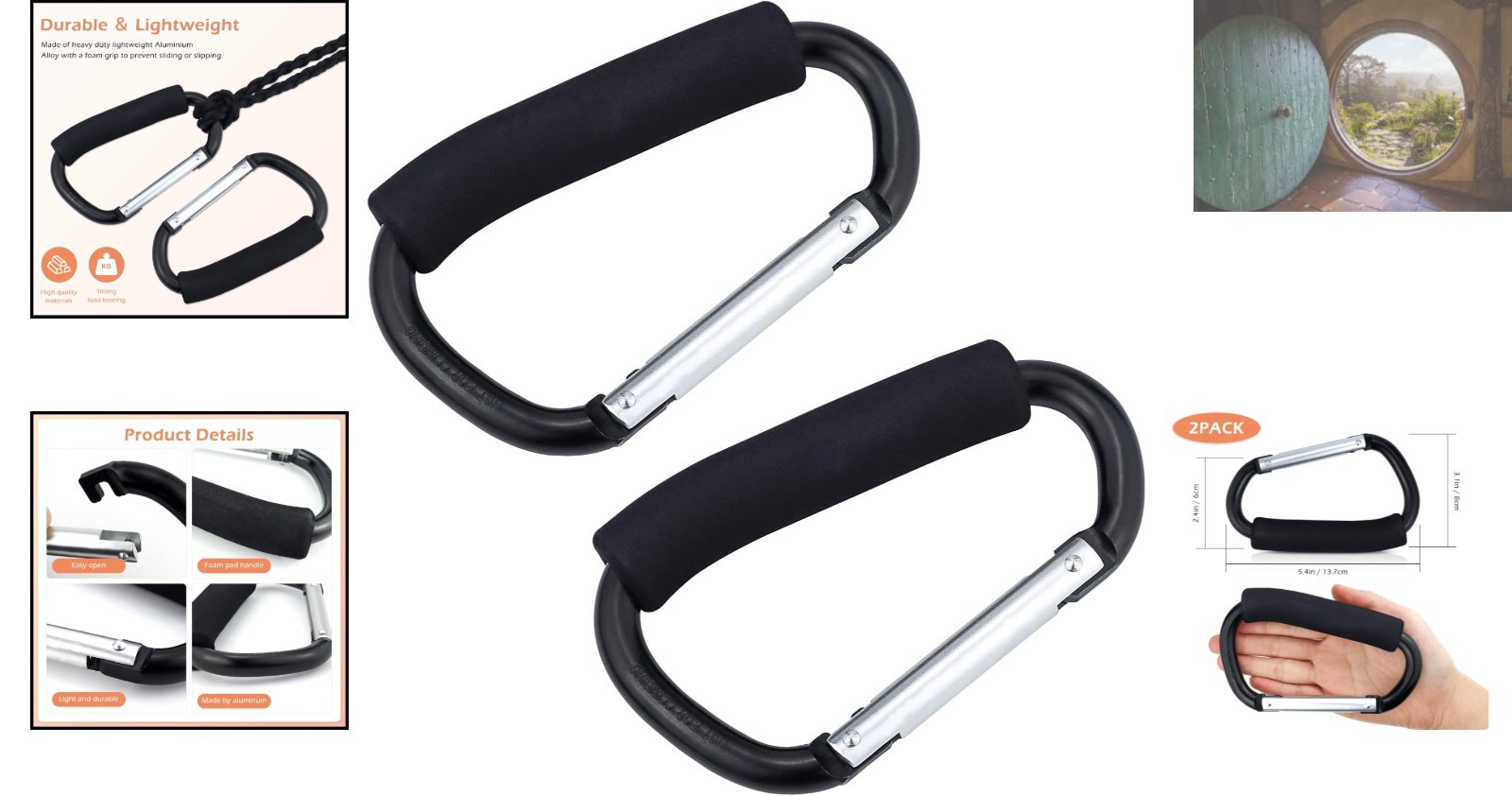 Set of 2 Multi-Purpose Stroller Hooks with Foam Grip for Easy Carrying – Black