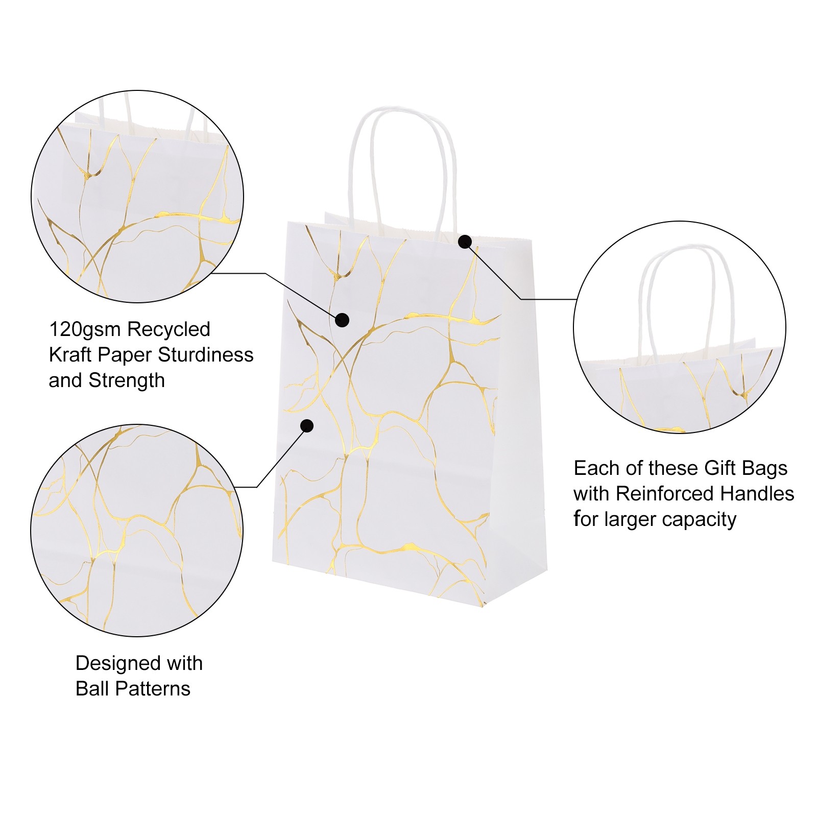 24Pcs Kraft Gift Bags with Handles Bulk, White Marble Party Favor Bags