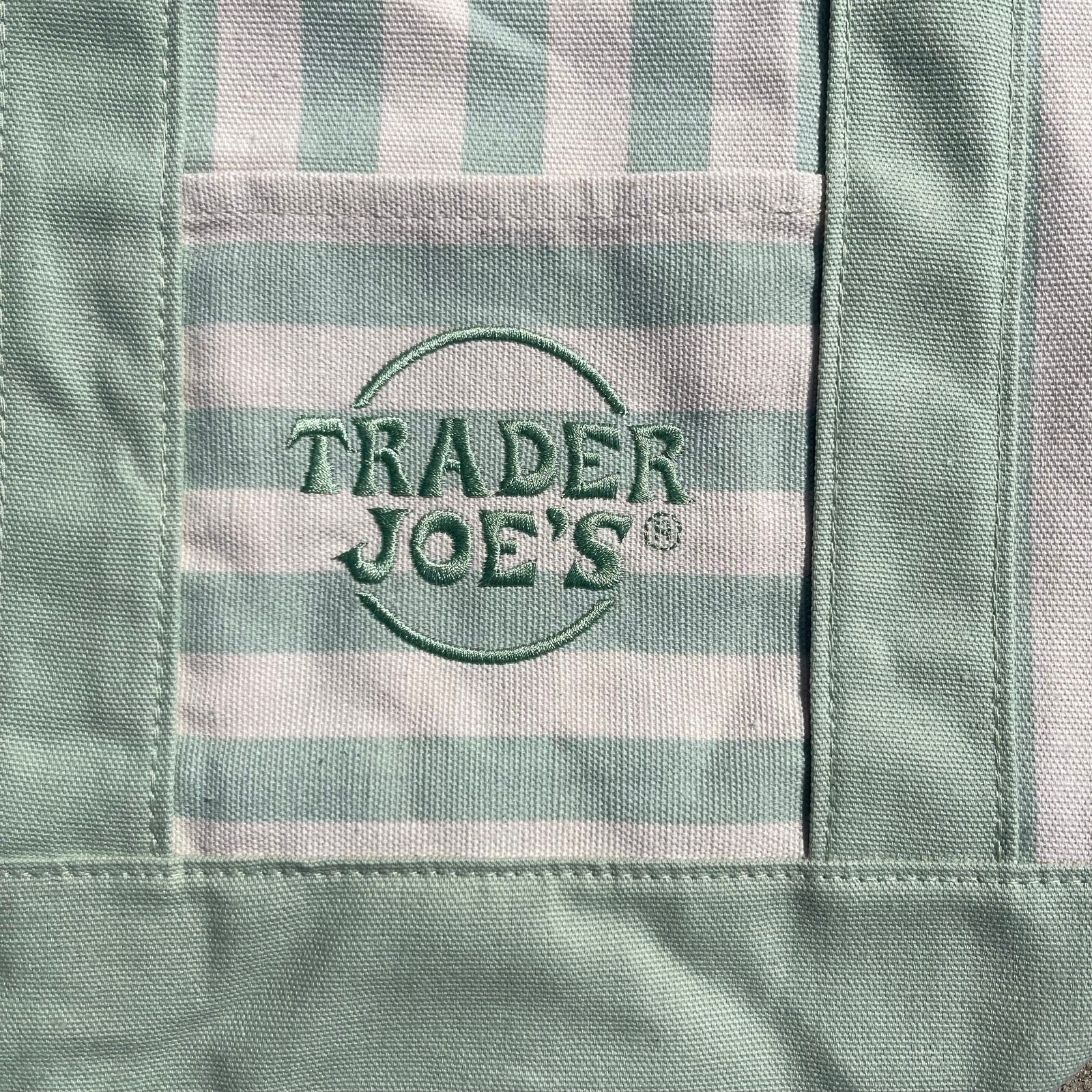 Set of 5 — Trader Joe’s Canvas Tote Bags Large Size PURPLE + Mini PASTEL STRIPES