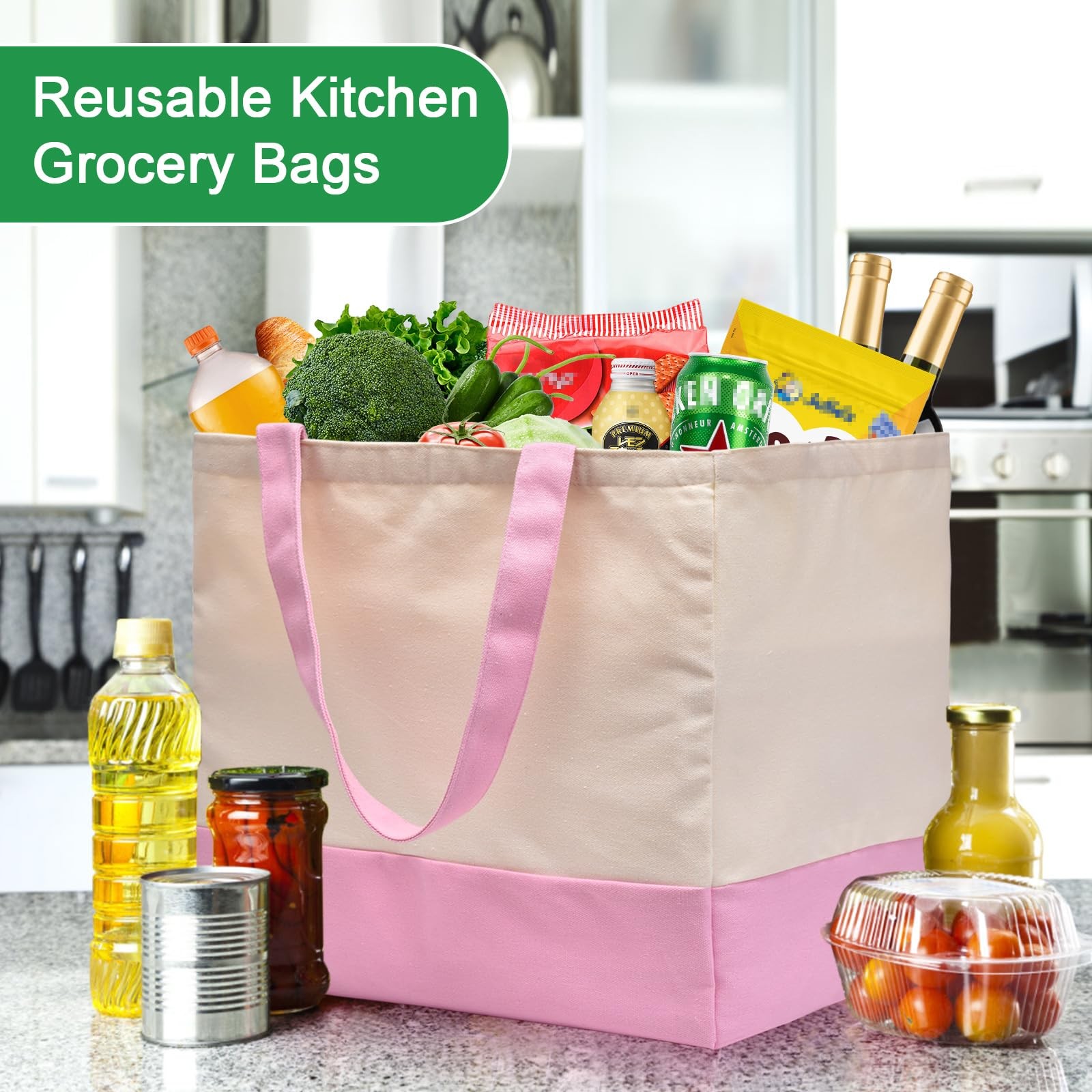 3 Pack Canvas Reusable Grocery Bags Heavy Duty, 8.3 gal Foldable Large Tote B…