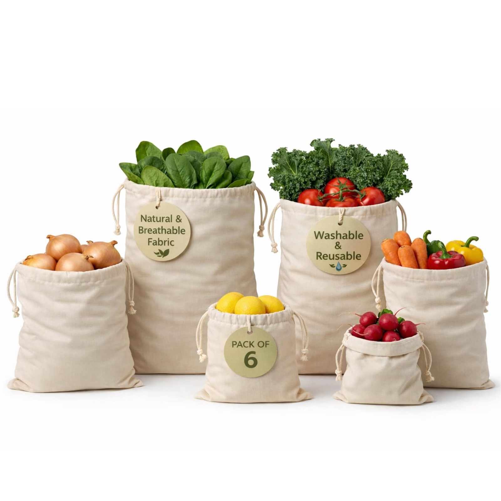 100% Reusable Cotton Produce & Bread Storage Bags, Pack Set of 6, Off-white
