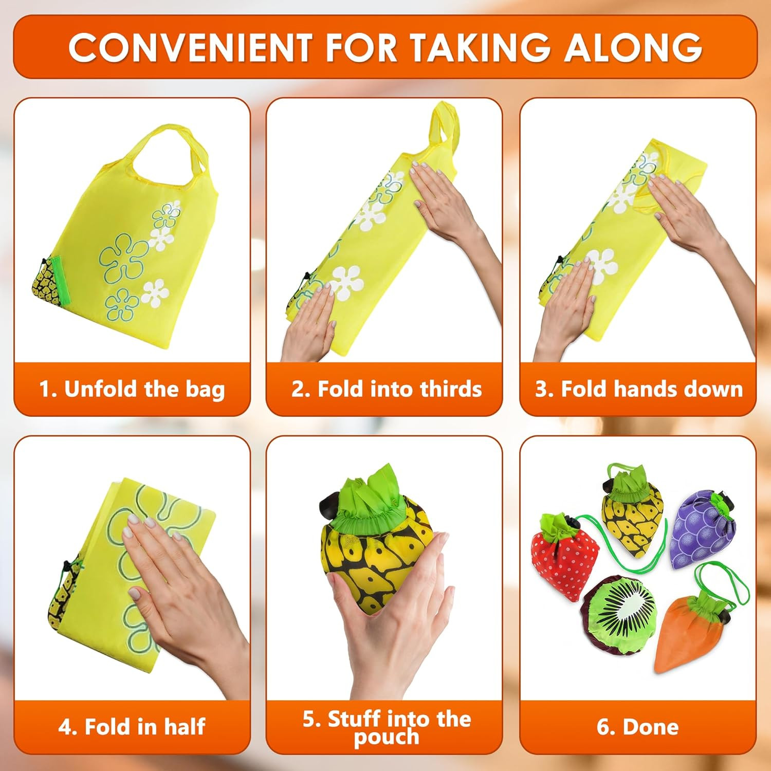 5 Pcs Fruit Micro Tote Bag – Reusable Grocery Bags Foldable with 15″X15″ Capacit
