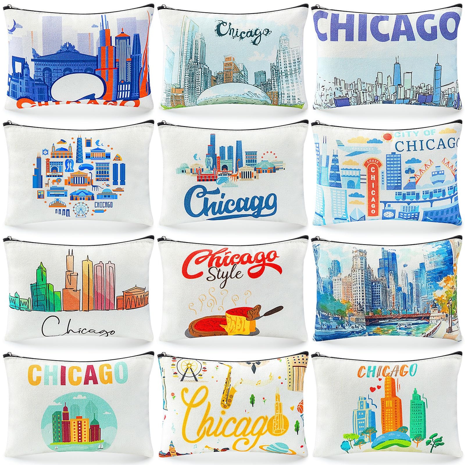 Reginary 12 Pcs Chicago Souvenirs Makeup Bag Travel Gift Cosmetic multicolor