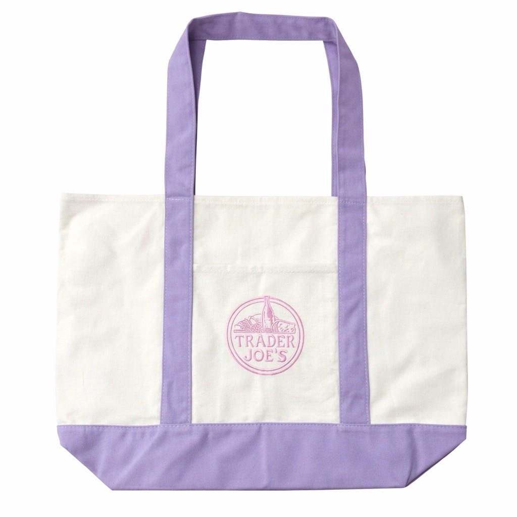 Trader Joe’s LARGE Purple Cream Canvas Tote Bag 2026 Viral Pink Logo Spring