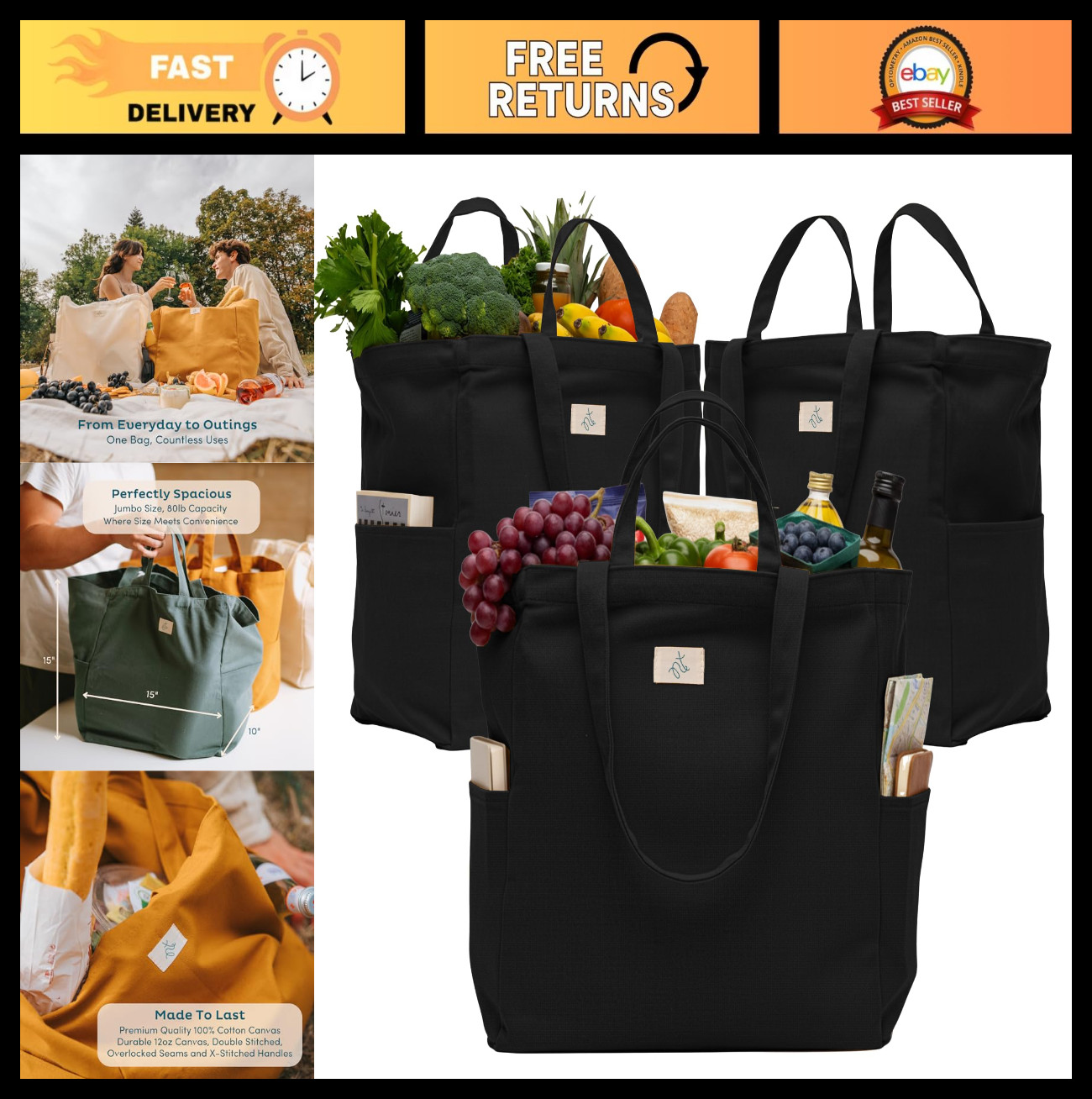 Heavy Duty Reusable Grocery Bags 3-Pack – Large Cotton Canvas Totes with Pockets