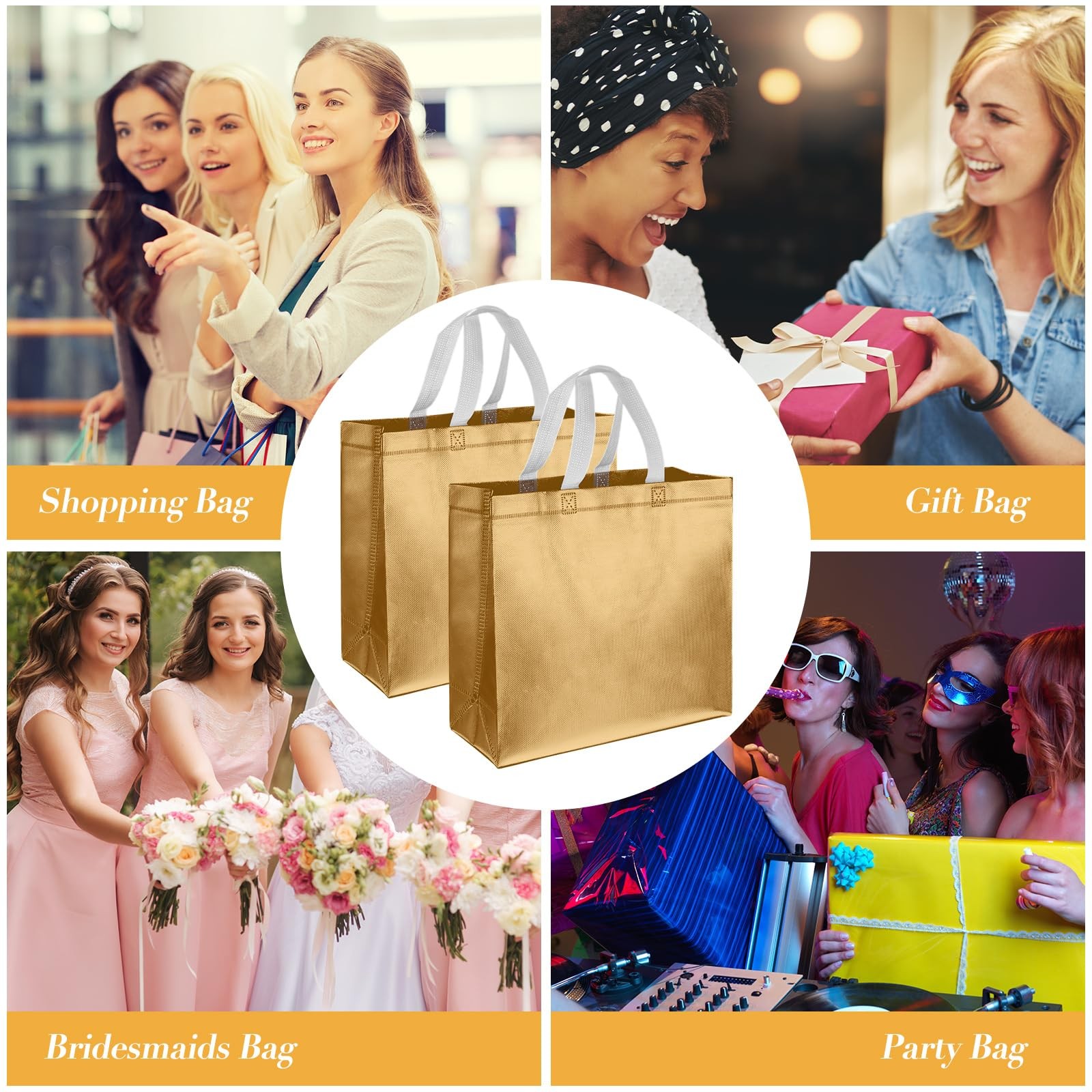 60 Pcs Reusable Gift Tote Bags Grocery Shopping Bag Handles Bridesmaid Gold