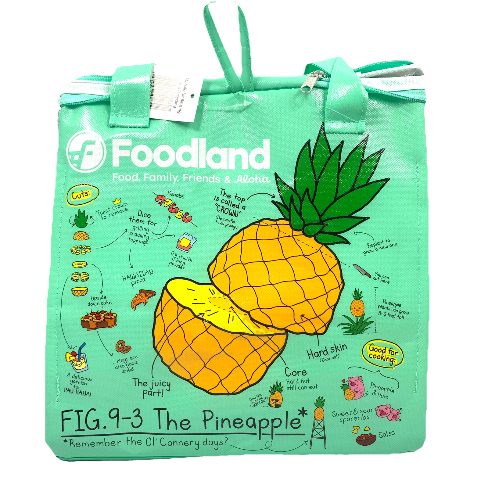 Hawaii Foodland Insulated Reusable Grocery Tote Bag, Tropical Fruit 13”x12”x8.5”