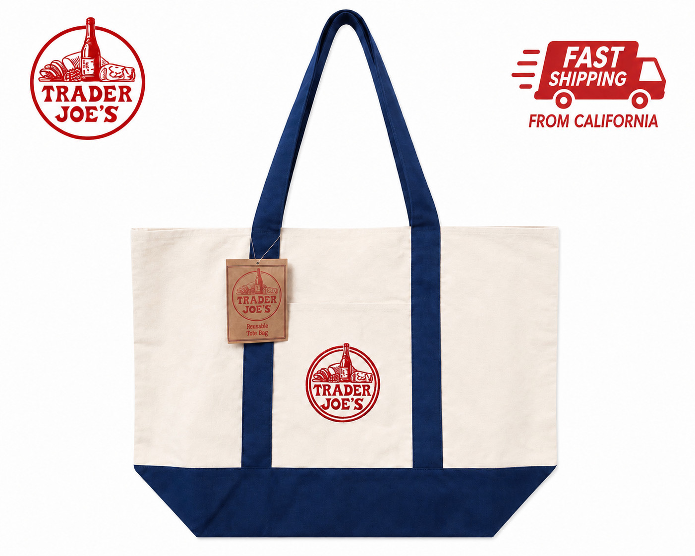 Trader Joe’s Large Reusable Canvas Tote Bag Cream Navy Blue Red Logo NWT