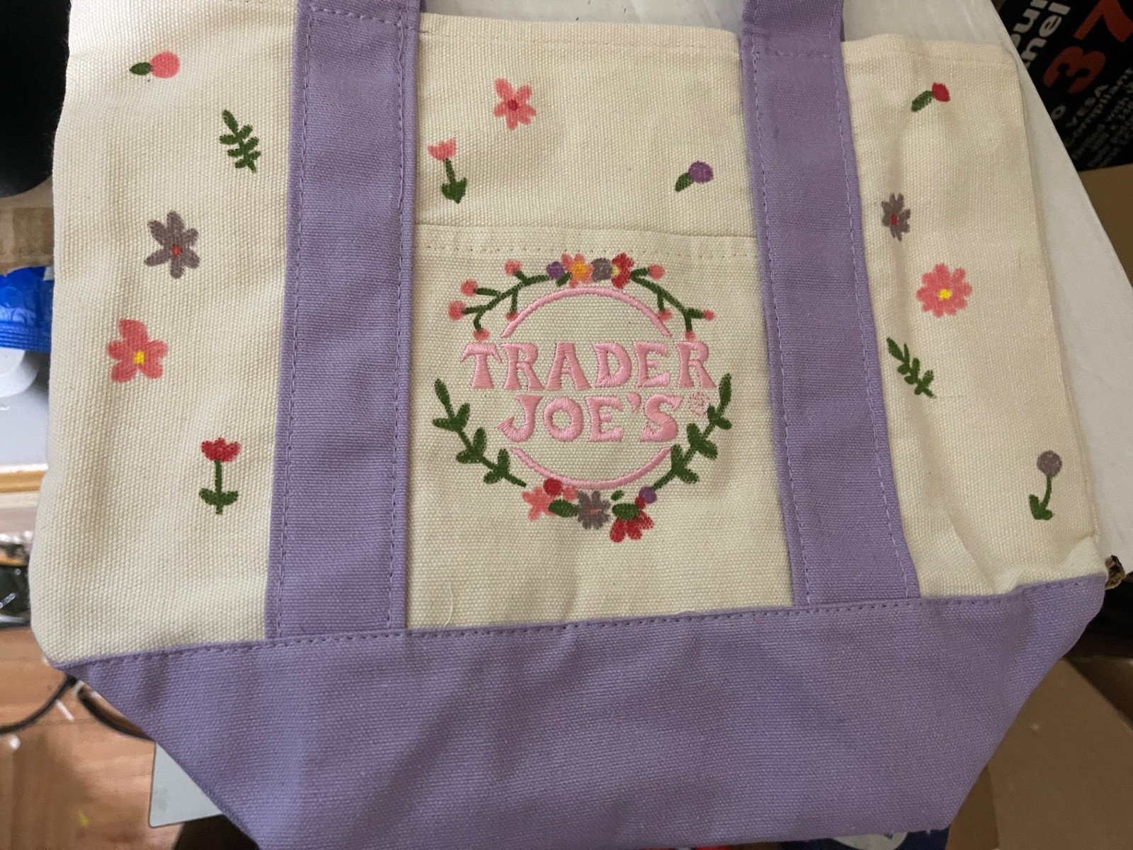 Flowery Hand Drawn w/NAME Trader Joe’s Mini LAVENDER Canvas Tote Bag 13″Wx10″L(S