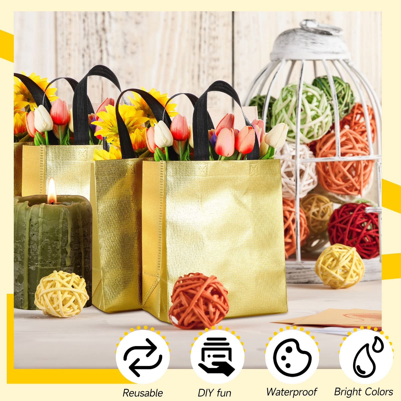 80 PCS Gift Bags Set Reusable Glossy Grocery Tote Handle Gold Black