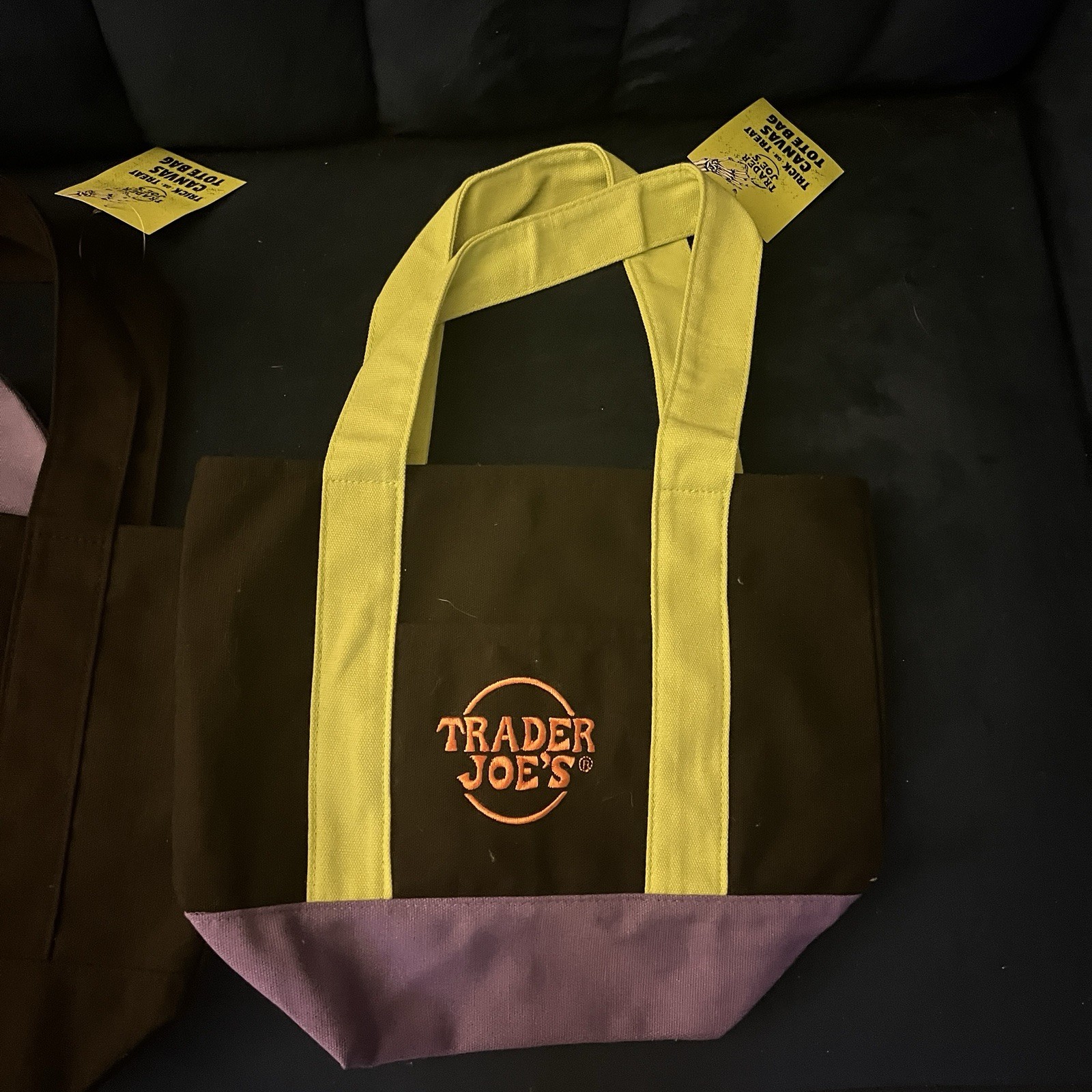4 Trader Joe’s TJ’s Canvas Halloween Tote Bags, Orange/Black/Purple/Multicolor