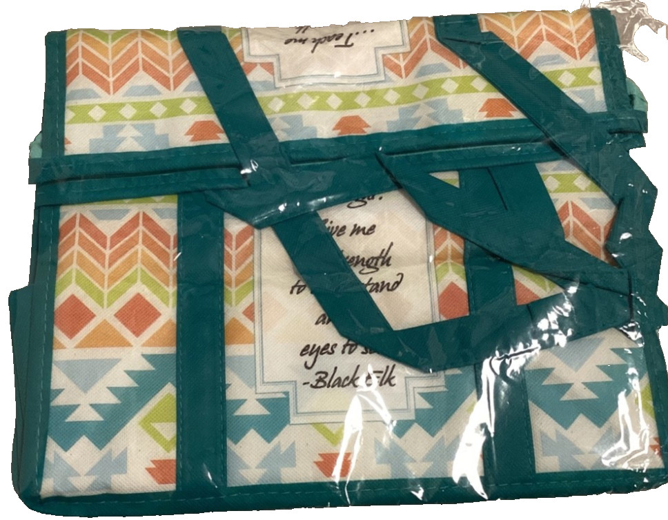 Black Elk Multicolor Southwest Print Fabric Reusable Shopping Tote Bag Blue Zip