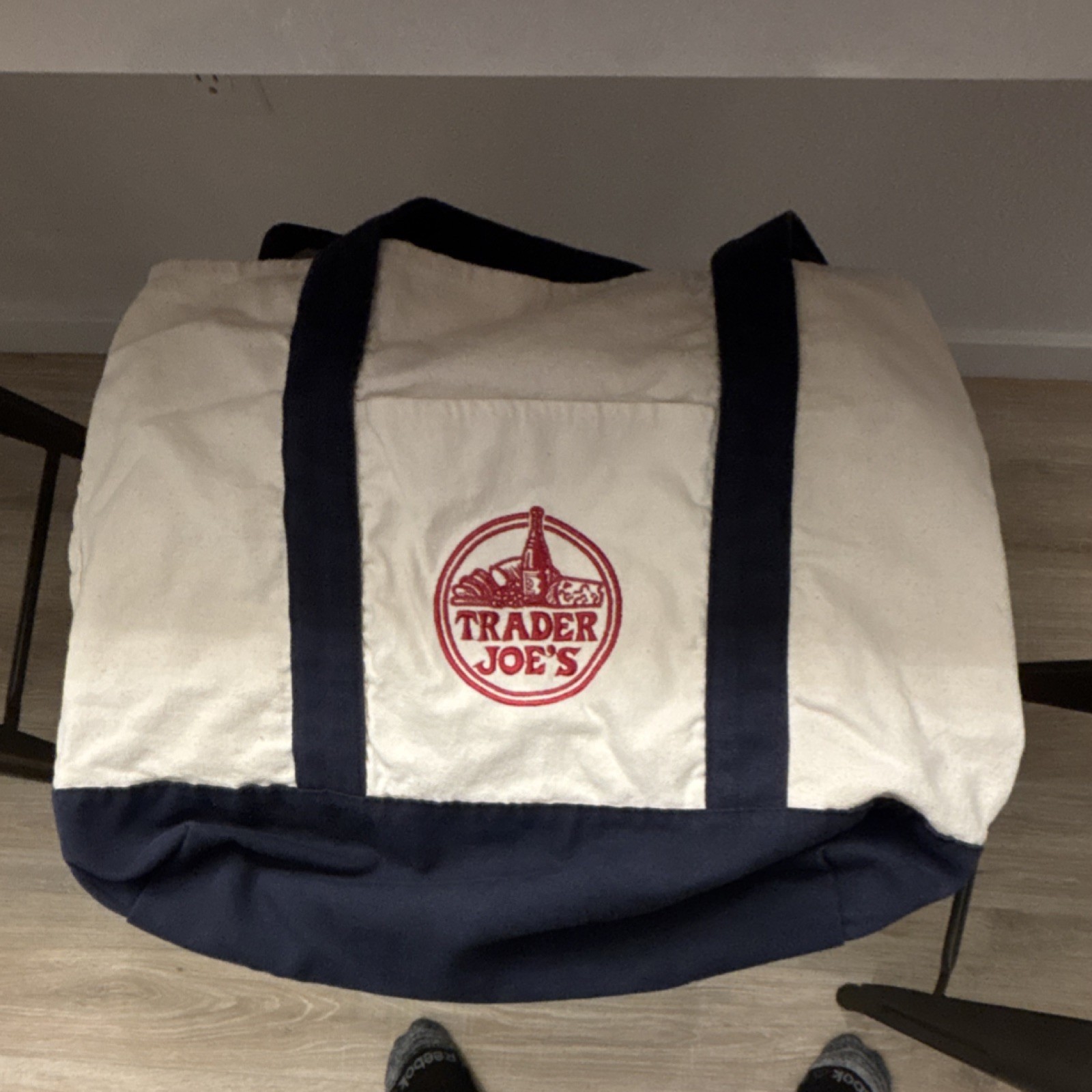 Trader Joe’s Canvas Reusable Shopping Bag Foldable Beige Navy Blue