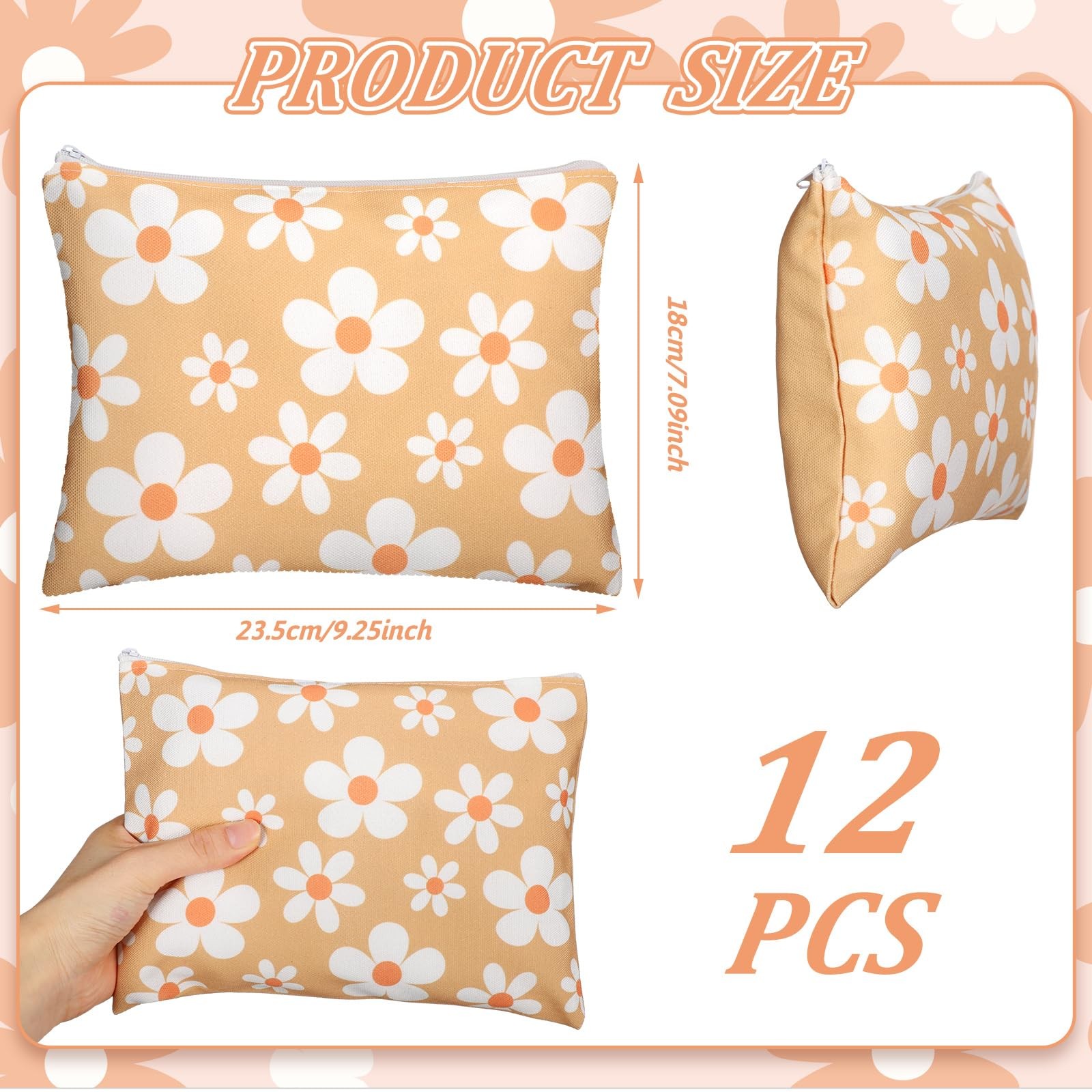 Kajaia 12 Pcs Daisy Canvas Makeup Bags Bulk, Flower as the pictures shown