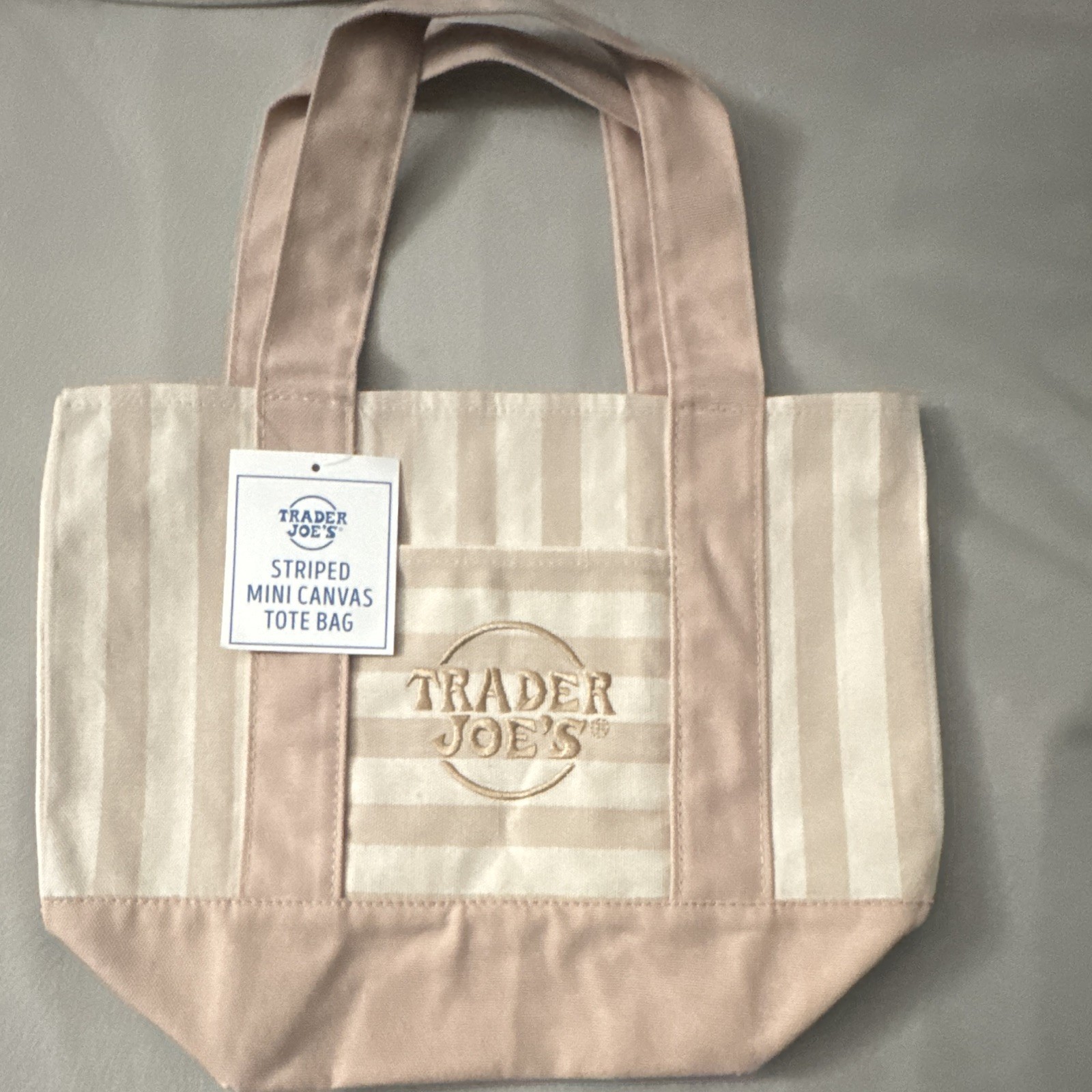 Trader Joe’s Striped Mini Canvas Tote Bag Reusable Beige/Pink