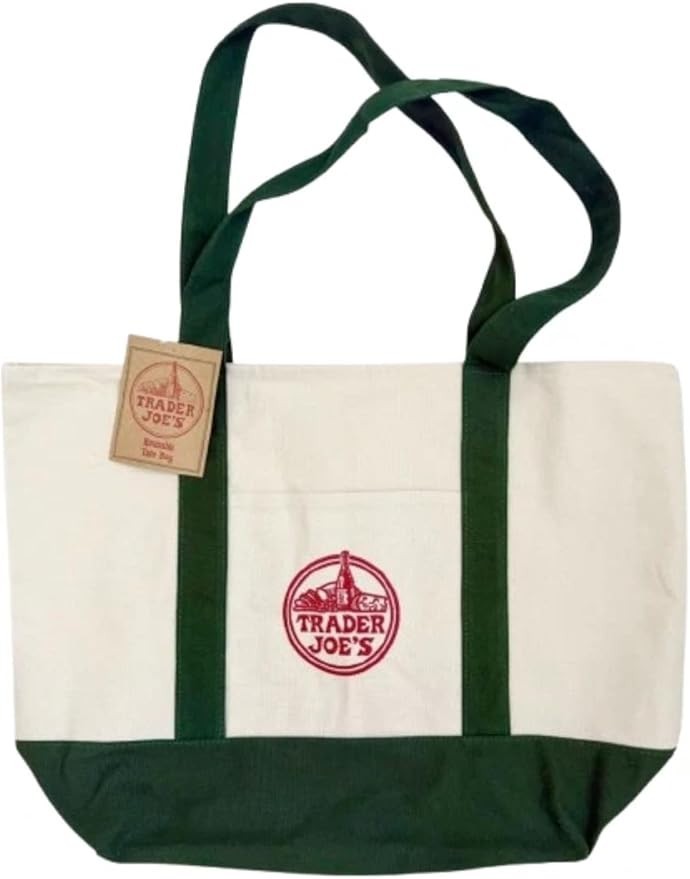 Trader Joe’s Large Canvas Tote Reusable Bag 20x14x6″ Green/White LIMITED EDITION