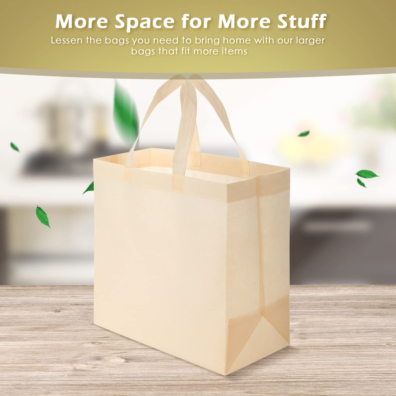 50 Pcs Beige Reusable Tote Bags Bulk Non Woven Grocery Handbag Foldable Handle