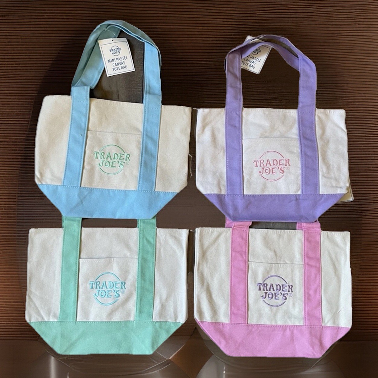 New With Tag Trader Joe’s Mini Pastel Canvas Tote Bag Set Of 4 Colors In Hand