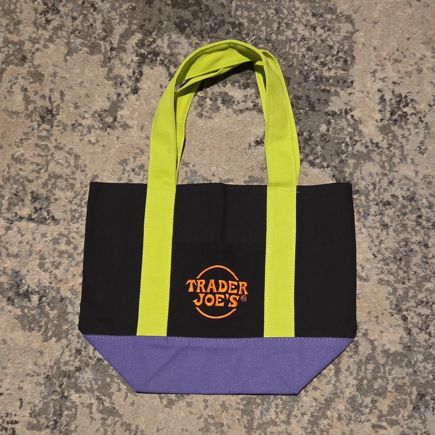 Trader Joe’s Reusable Colorblock Tote Bag Black Green Purple Orange 13x12x10