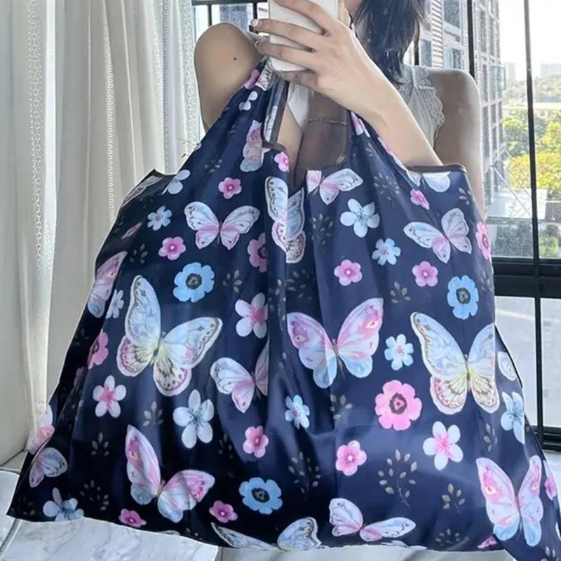 Portable Folding Shopping Bag Butterfly Flower Printing Grocery Bag Eco-friendly