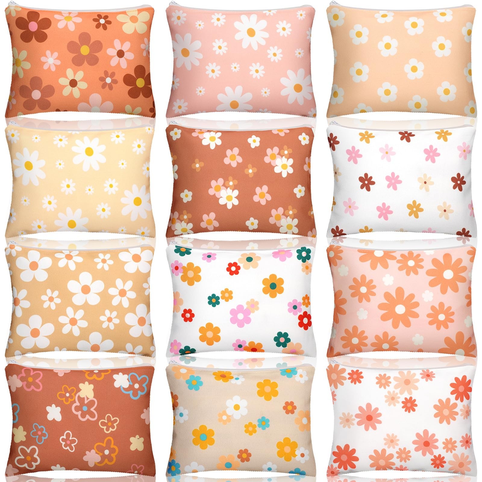 Kajaia 12 Pcs Daisy Canvas Makeup Bags Bulk, Flower as the pictures shown