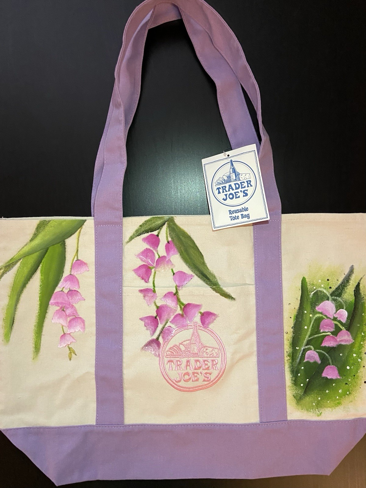 Trader Joe’s Canvas Tote Bag Floral Design Hand Painted LARGE Tote NEW!