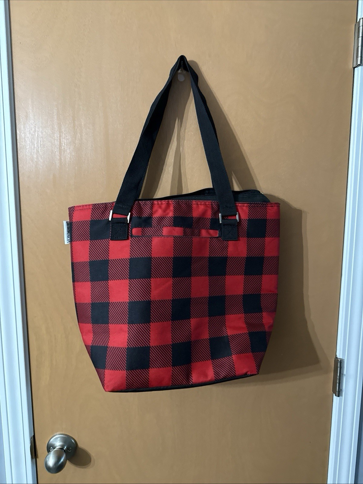 Von Maur Insulated Red/Black Plaid Tote Bag With Black Straps And Front Pocket