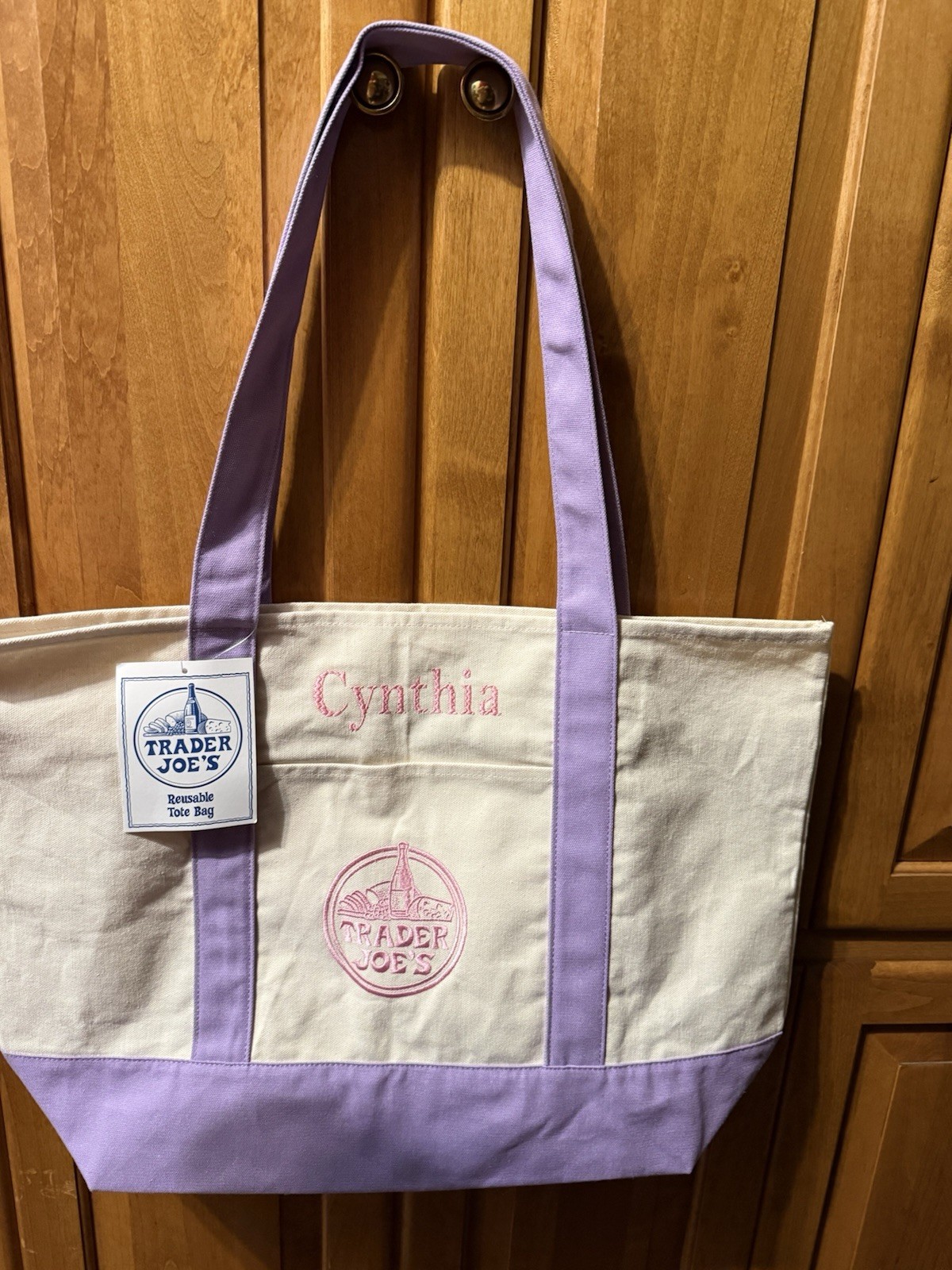 YOUR NAME *LARGE Floral Embroidery Embellished Trader Joe’s Navy Canvas Tote Bag