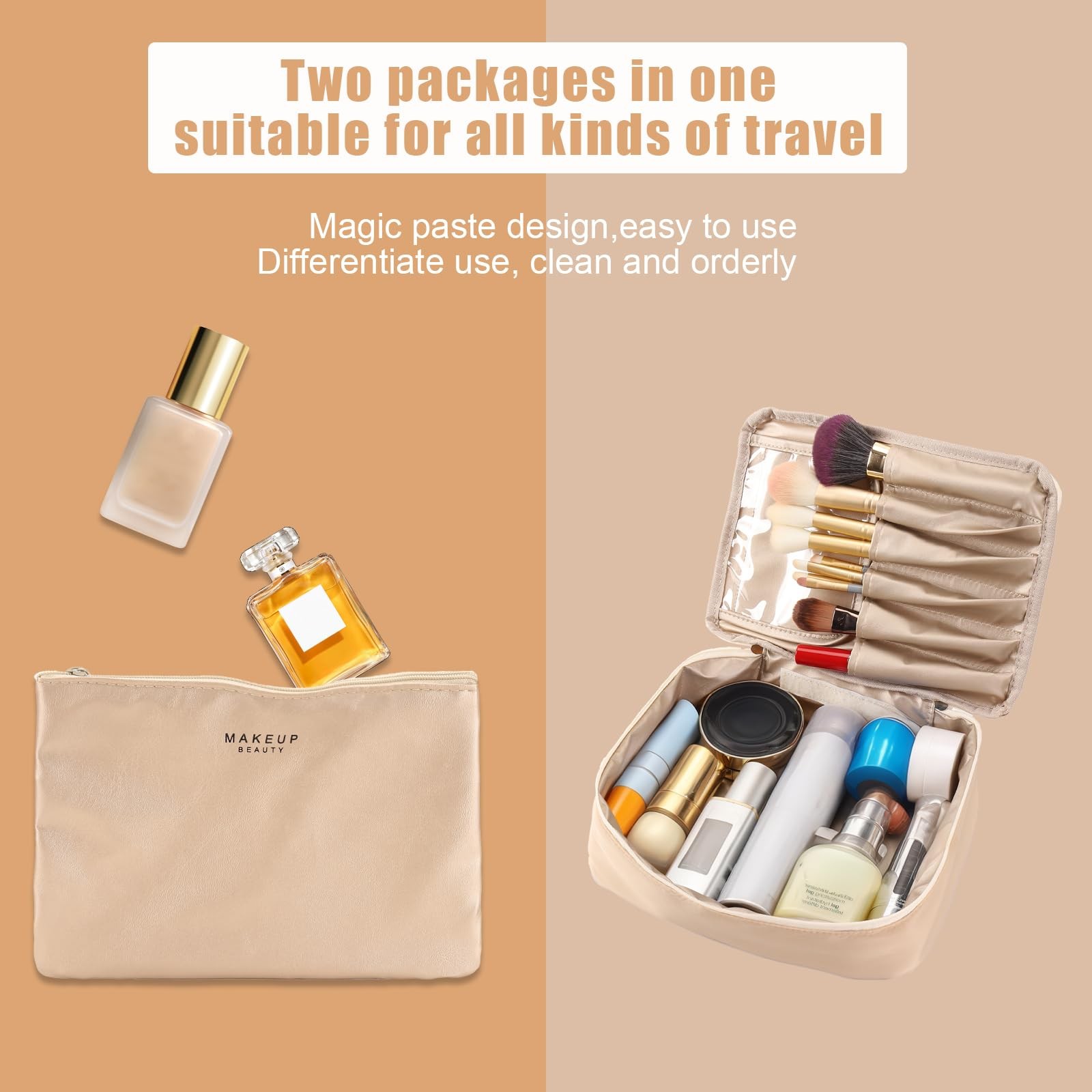 Queboom Travel 9.5*2.5*7(in) (main bag), 7.5*5.2(in) (small Beige