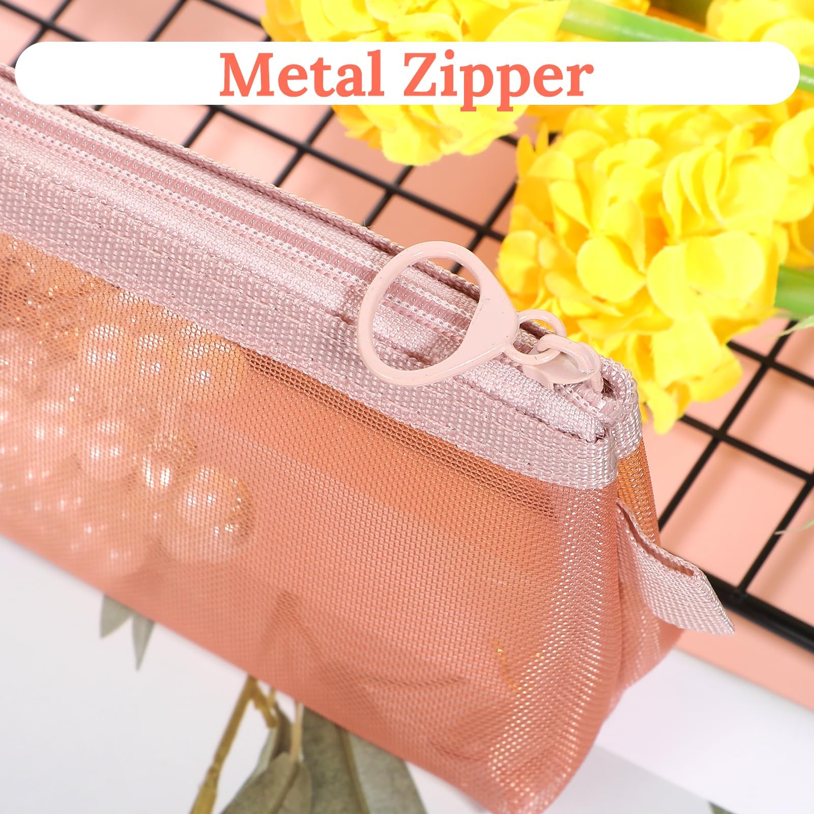 TIESOME 5 Pcs Mesh Zipper Pouch Bags, Nylon Green, Khaki, Gray, Pink, Blue