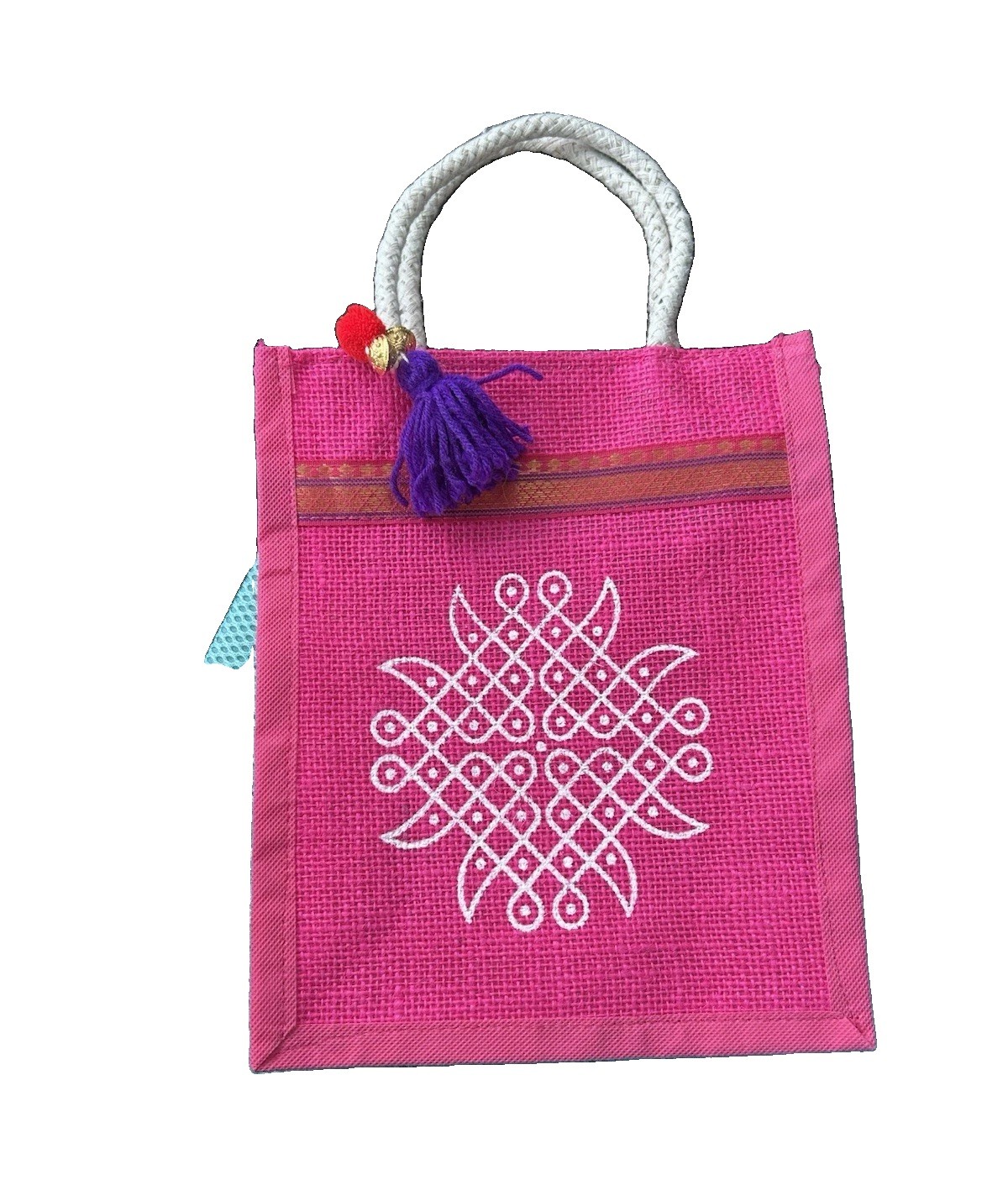 Pink/White Jute Small Reusable Tote Bag Rope Handles Geometric Pattern