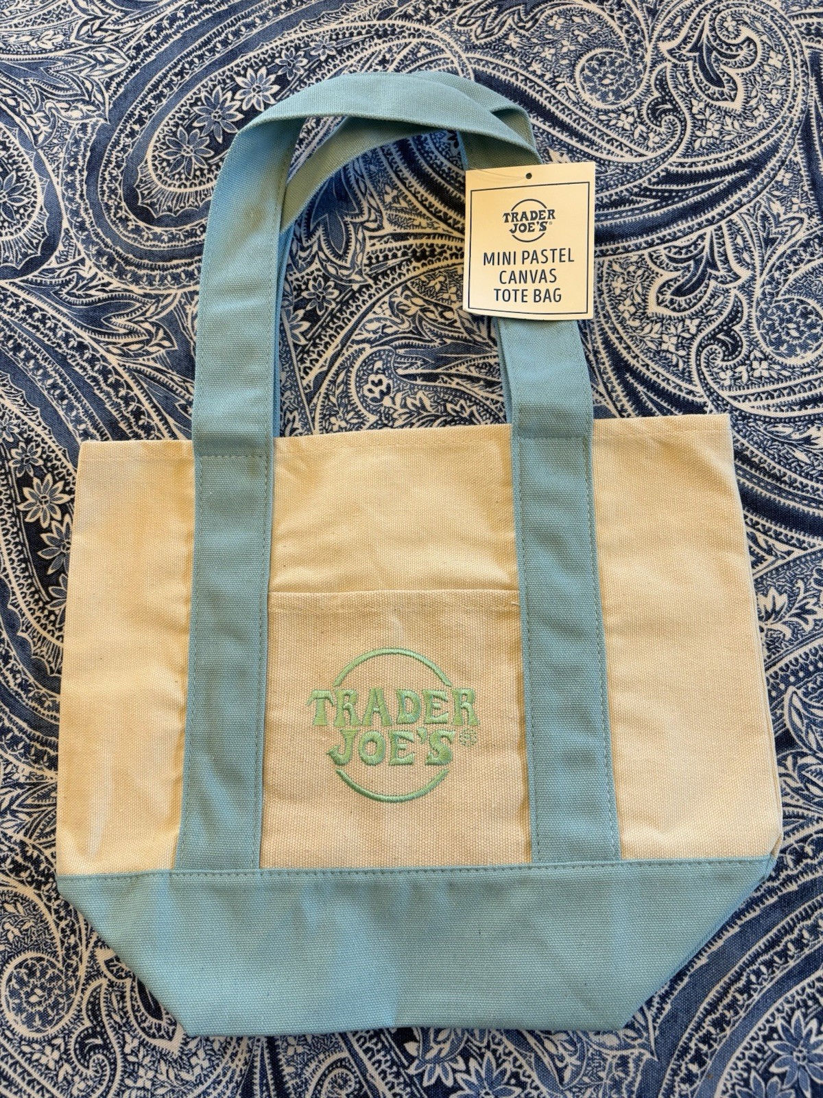 Trader Joes 4 Set Mini Pastel Canvas Tote Bag Blue Pink Purple Green
