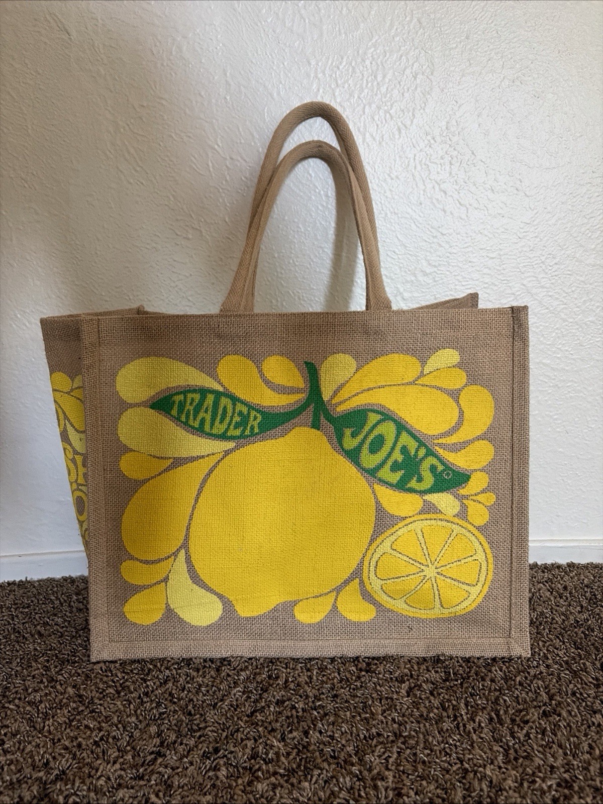 Trader Joe’s Lemon Lime Jute Burlap Tote Bag Reusable Lightly Used
