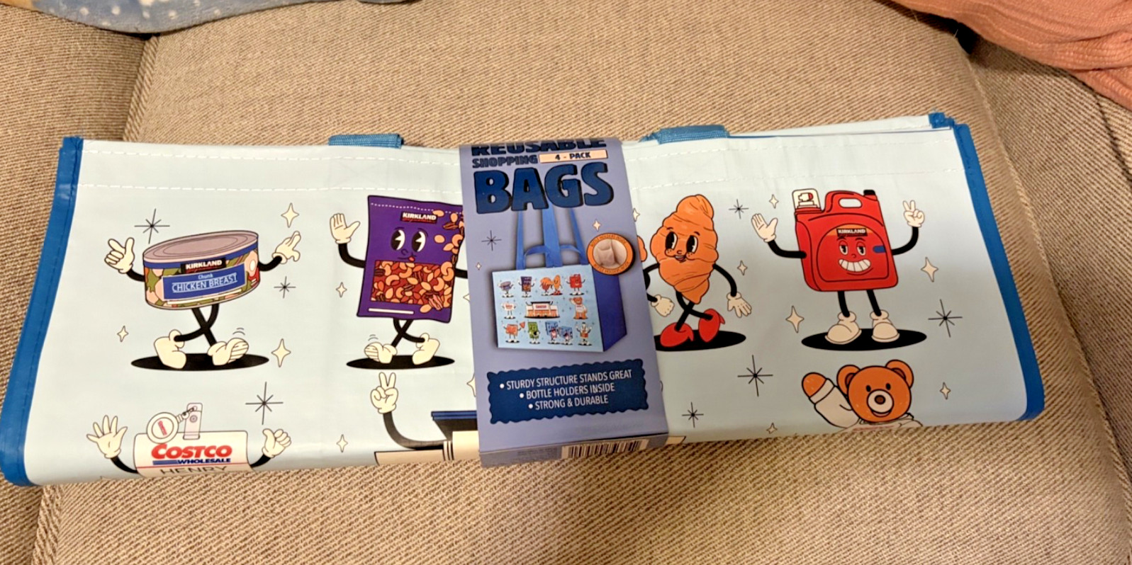 Costco Reusable Shopping Bags 4 Pack Retro Mascot 20x14x11.5 Grocery Tote New