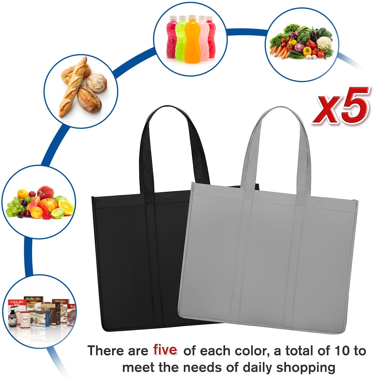 WISELIFE Reusable Grocery Shopping Bags 10 Pack Large Large, Black, Grey