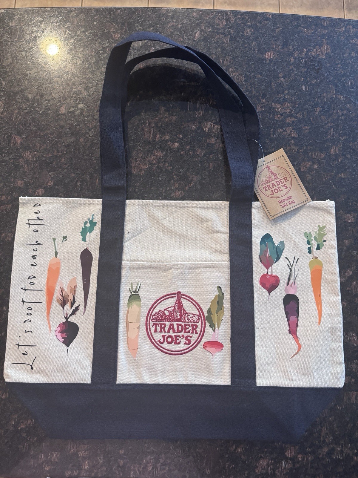 Trader Joe’s Foldable Canvas Reusable Shopping Bag Vegetable Beige Navy