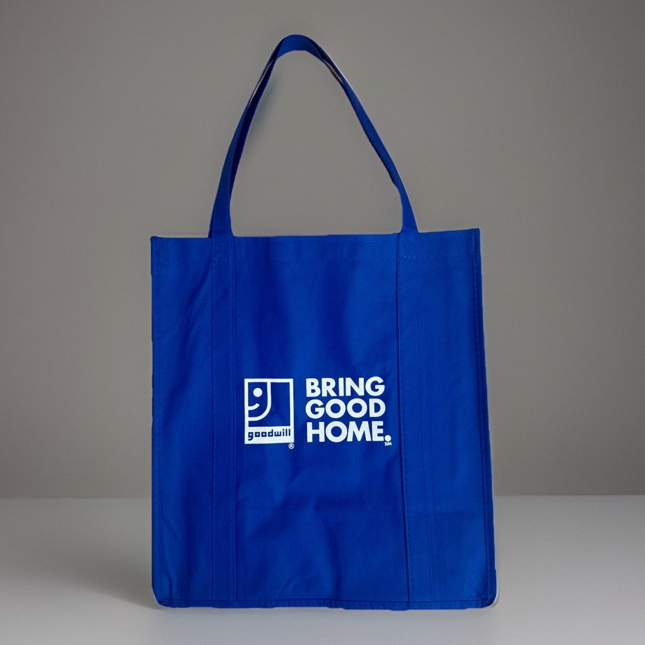 GOODWILL BLUE REUSABLE TOTE BAG 15x14x7.5” DONATE RECYCLING SAVERS CLOTH HANDLES
