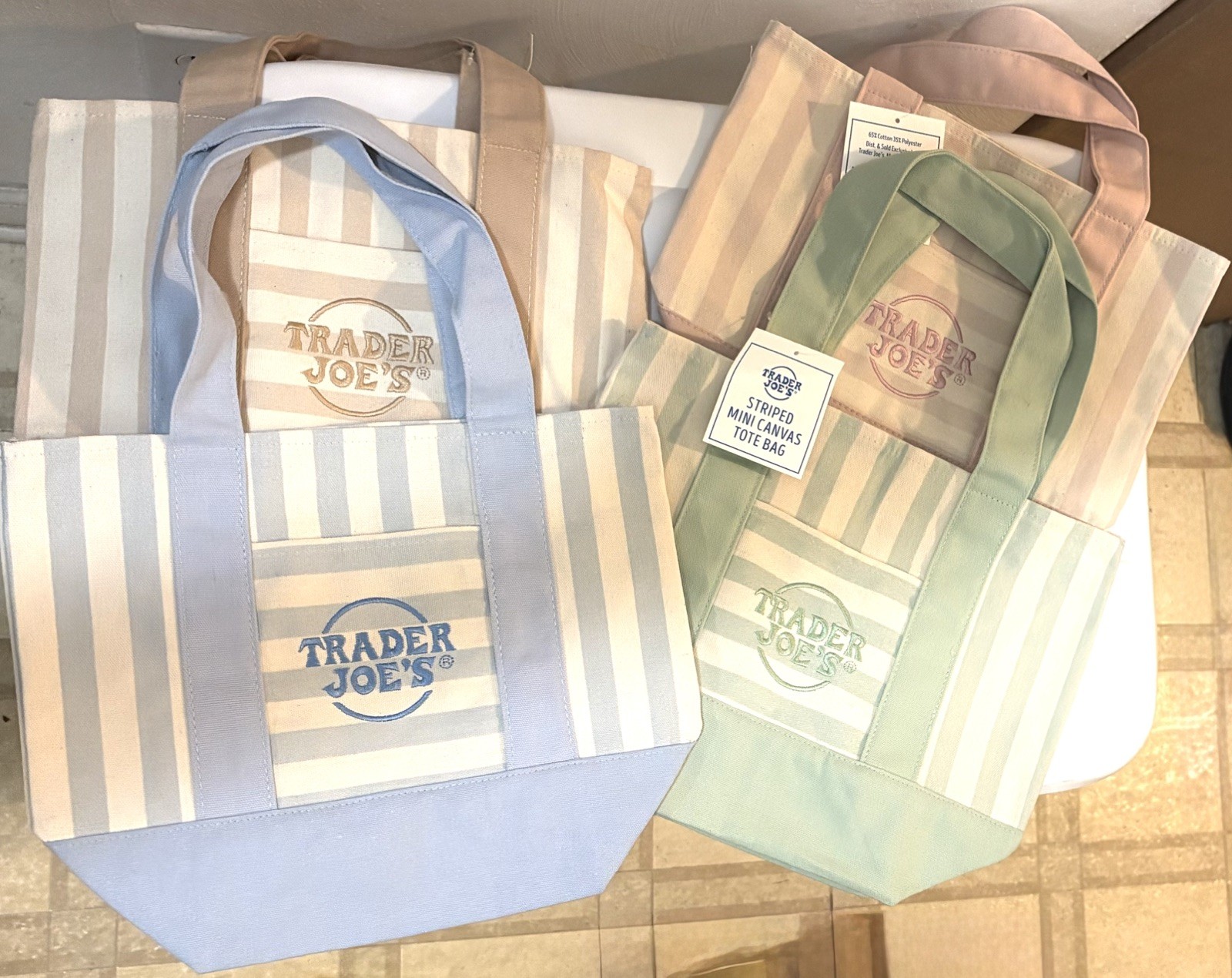 NEW Trader Joe’s Mini Pastel Stripe Canvas Tote Bags Full Set of 4 NWT