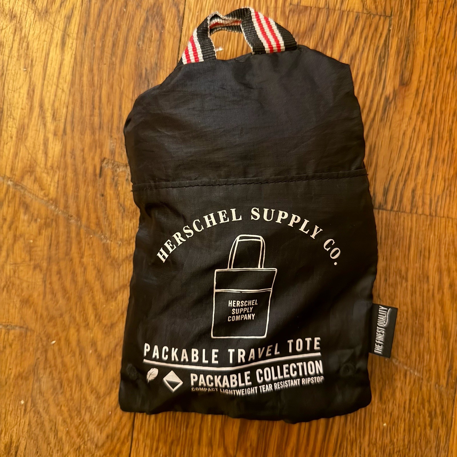 Herschel Reuseable Packable Tote Bag Red Black Striped Handle