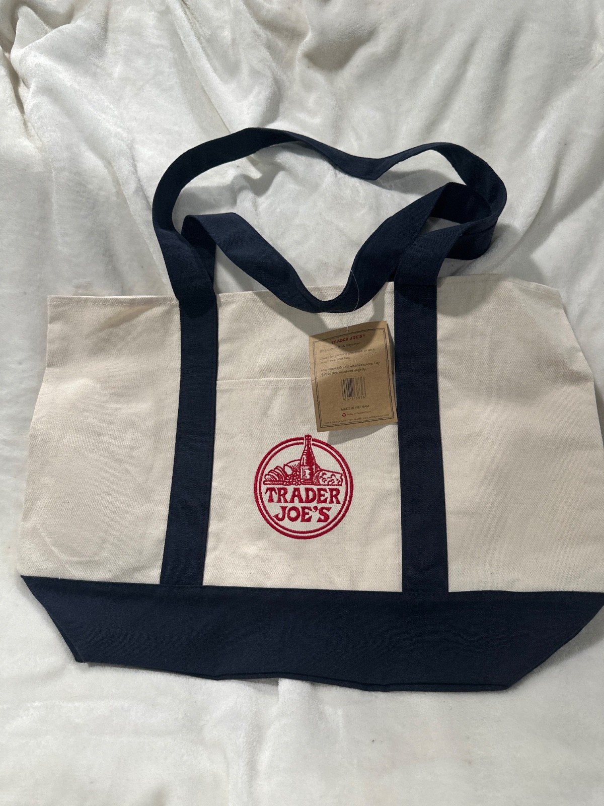 Trader Joe’s Foldable Reusable Shopping Bag Cotton Polyester White Navy Blue