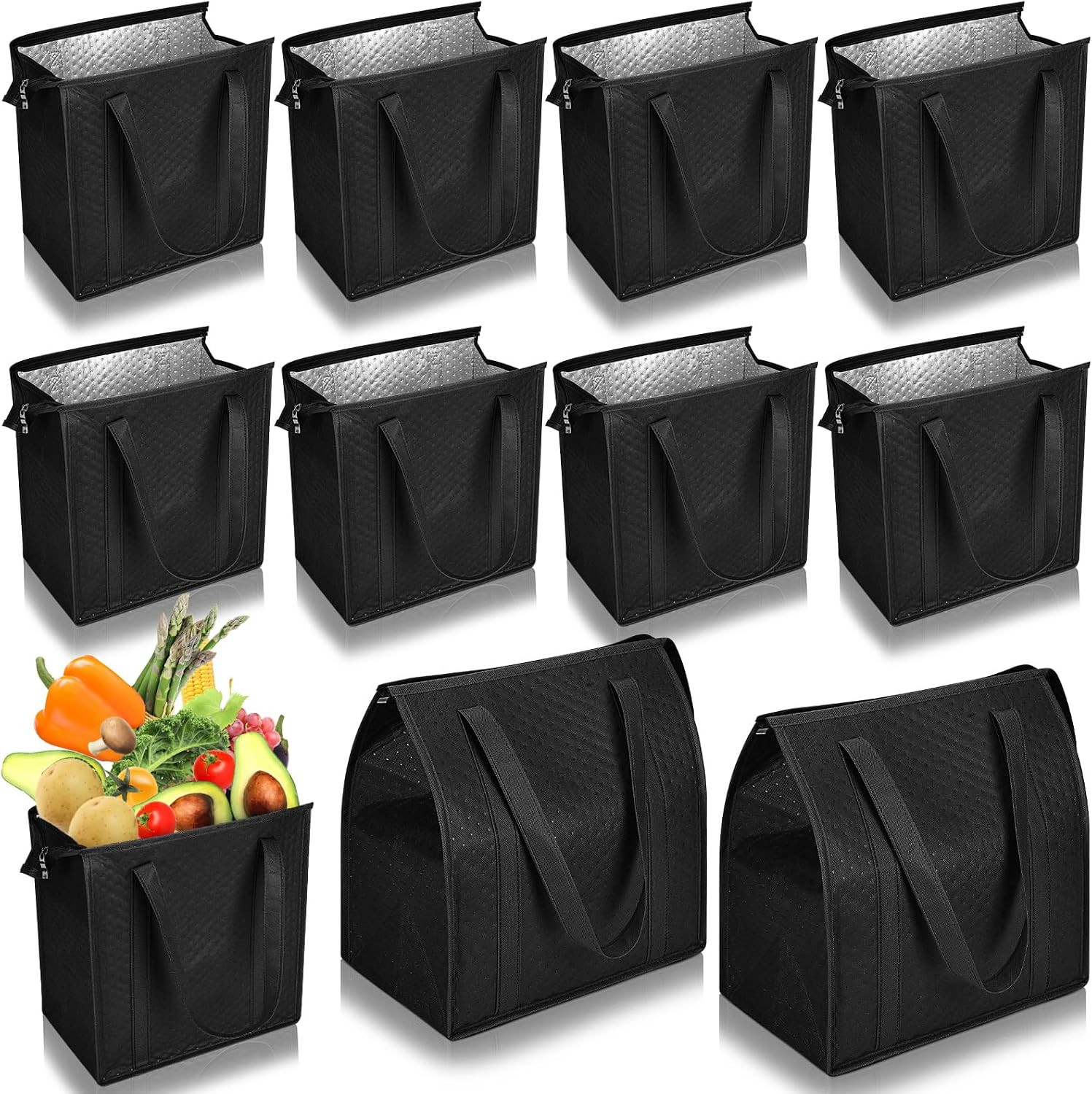 10 Pack Large Insulated Grocery Bags Reusable Shopping Bags with Zippered Top 13