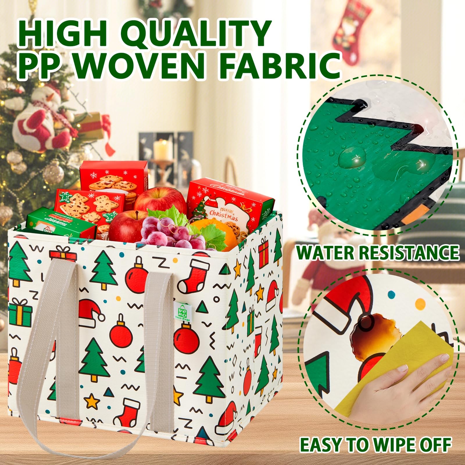 3 PCS 6 Gallon Jingle Mix Heavy Duty Water Resistant Reusable Grocery Bags