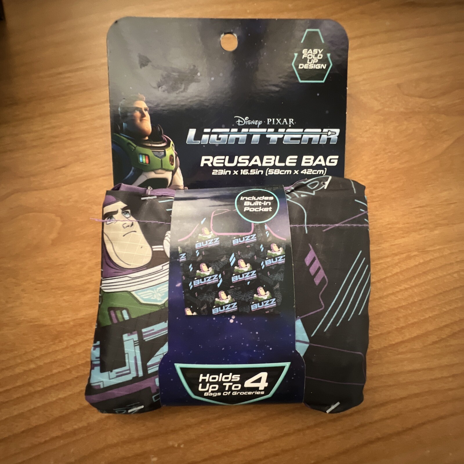 Disney Pixar LIGHTYEAR Reusable Grocery Bag 23″ x 16.5″ Pocket Easy Fold Up New!