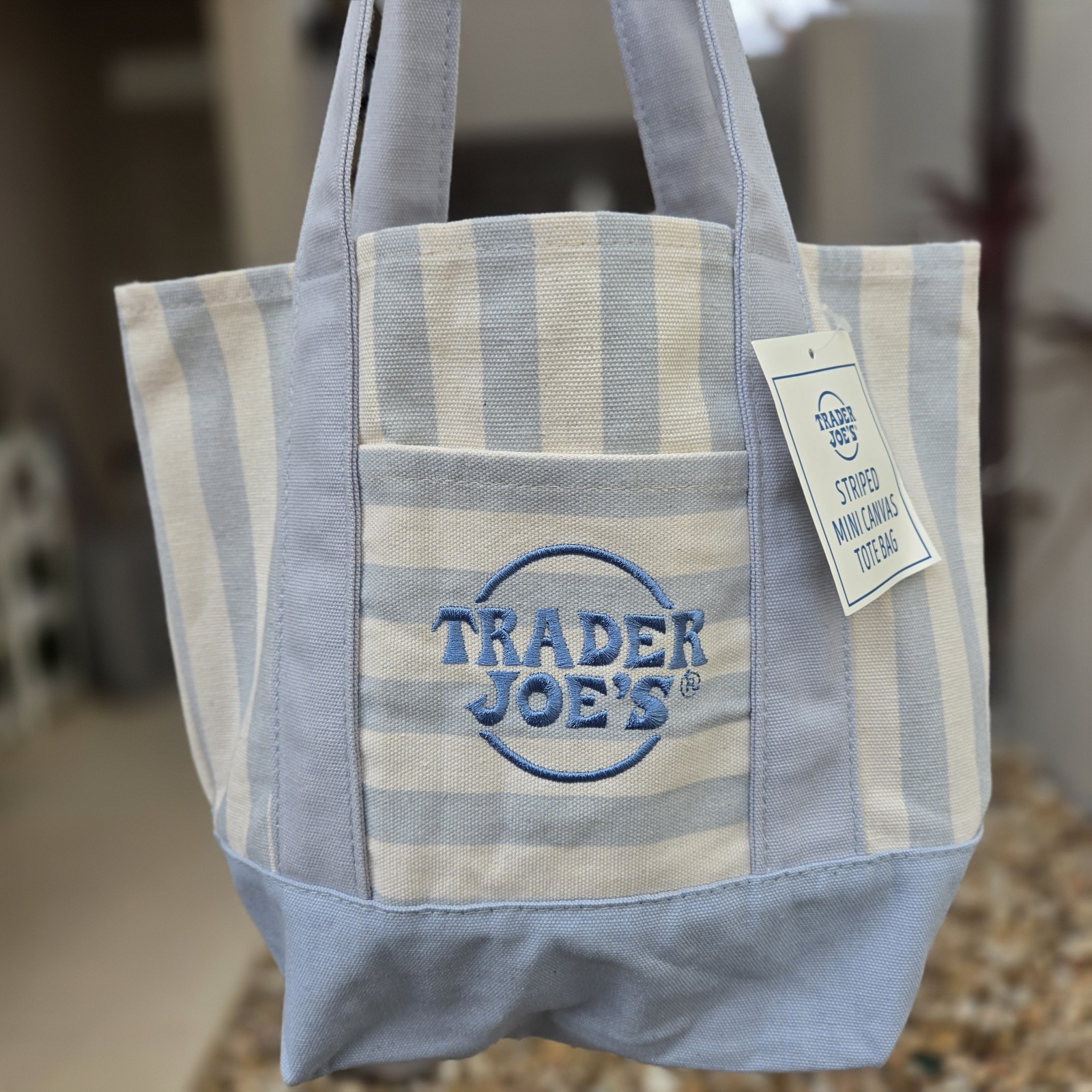 Trader Joe’s Limited Mini Canvas Pastel Striped Tote Bag 2026 Light Blue